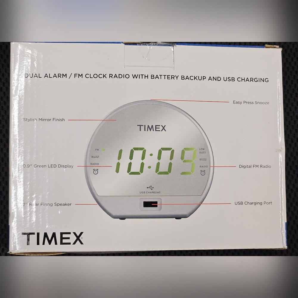 Timex Dual Alarm/ FM Clock w/Built-in Speaker, USB Charger, Green LED Display w/ - Picture 4 of 10